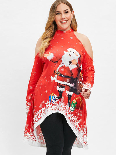 Plus Size Cold Shoulder Santa Claus Print High Low Top