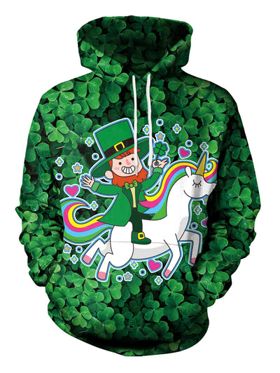 Clover and Unicorn Pattern Pullover Hoodie - goldylify.com