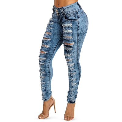 Womens Sexy High Waist Pencil Jeans Casual Blue Ripped Denim Pants Lady Long Skinny Slim Jeans - goldylify.com