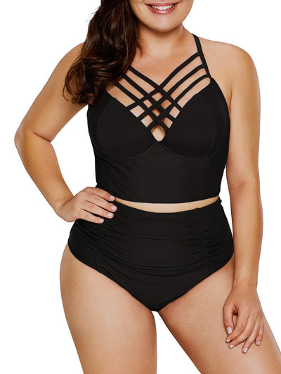 Plus Size Criss Cross Underwire Tankini Set - goldylify.com