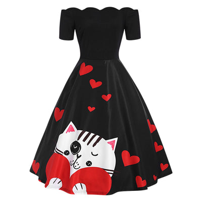 Off The Shoulder Valentines Day Heart Print Dress - goldylify.com