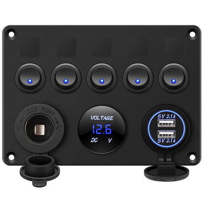 5 Gang Switch Panel 12V/24V with Digital Voltmeter Blue LED Equipped with Cigarette Lighter Socket and 4.2A Dual USB Port for RV Car Boat - goldylify.com
