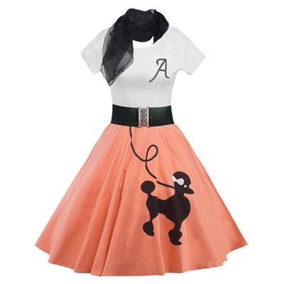 High Waist Dress Set Dog Animal Print Color Blocking Big Hem Belt Sheer Scarf - goldylify.com