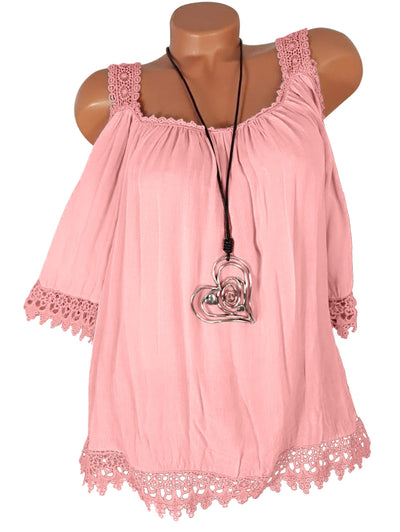 Plus Size Open Shoulder Lace Trim Blouse - goldylify.com