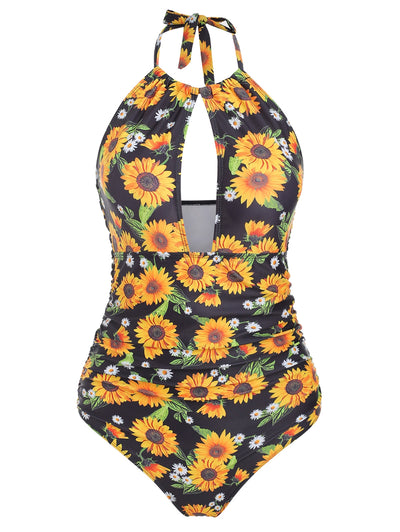 Cut Out Ruched Sunflower Swimsuit - goldylify.com