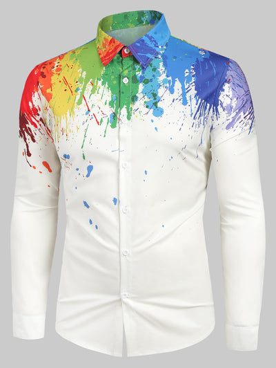 Long Sleeves Splatter Painting Print Button Shirt - goldylify.com
