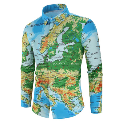 World Map Allover Print Hidden Button Shirt Men - goldylify.com