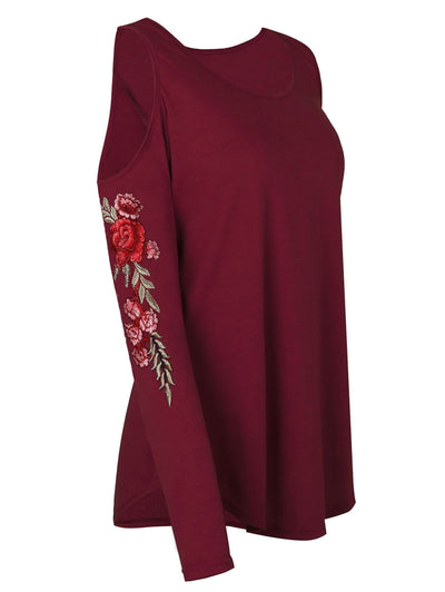 Plus Size Cold Shoulder Floral Embroidery Curved T Shirt 