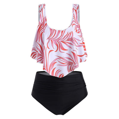 Leaf Print Flounce High Waisted Tankini Swimsuit for Summer - goldylify.com
