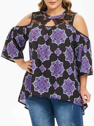 Plus Size Lace Panel Printed Cold Shoulder Tunic 