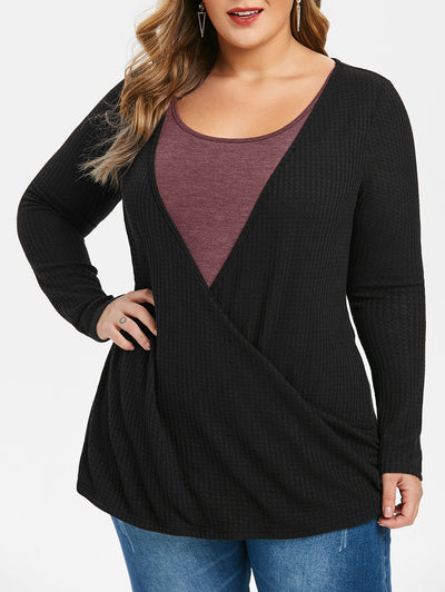 Plus Size Long Sleeve Two Tone Tunic Sweater