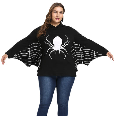 Plus Size Women Hoodie Halloween Spider Web Cosplay Costume Batwing Sleeve Top - goldylify.com