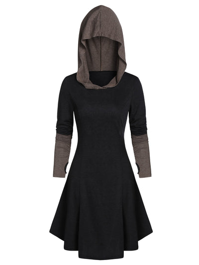 Hooded Glove Sleeve Lace-up Contrast Dress - goldylify.com