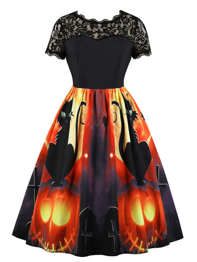 Lace Panel Pumpkin Print Round Neck Halloween Dress - goldylify.com
