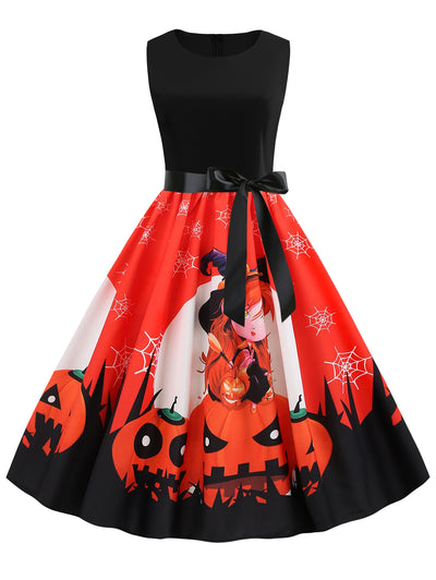 Halloween Pumpkin Spider Web Print Belted Dress - goldylify.com