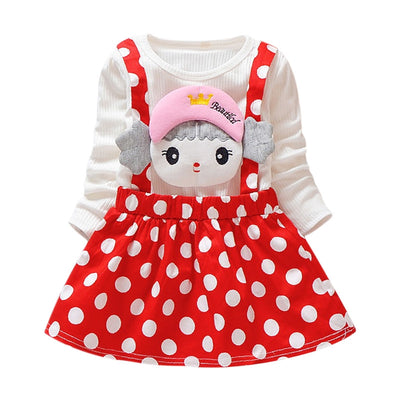 Polka Dot Girl Dress Round Collar Long Sleeve Cartoon Pattern Cotton Children Garment - goldylify.com