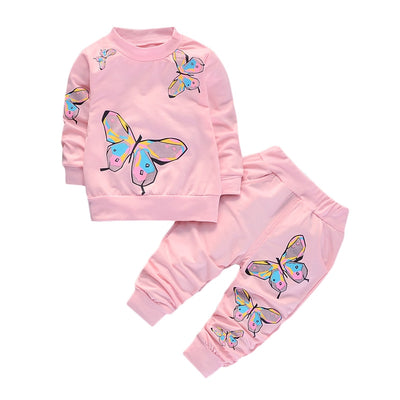 Butterfly Print Girl Two-piece Suit Crew Neck Long Sleeve Pocket Children Garment - goldylify.com