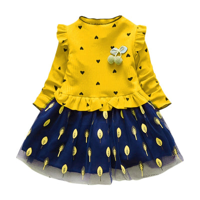 Ruffle Leaf Print Girl Dress Stand Collar Long Sleeve Heart Print Mesh Children Garment - goldylify.com