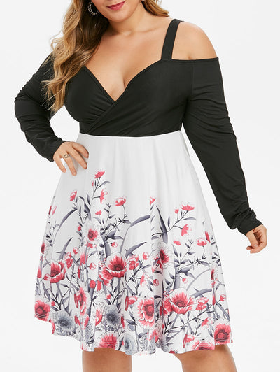 Plus Size Open Shoulder Floral Print A Line Dress