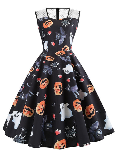 Plus Size Halloween Vintage Pumpkin Ghost Bat Print Dress - goldylify.com