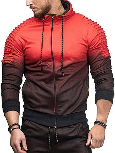 Sports Full Zipper Gradient Print Shoulder Pleated Hoodie - goldylify.com