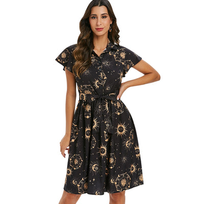 Sun Moon and Star Print Belted Skater Dress - goldylify.com