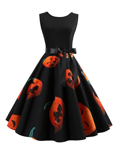 Plus Size Pumpkin Print Halloween Vintage Dress - goldylify.com