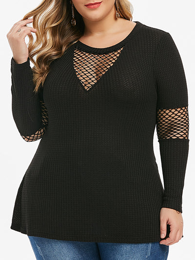 Lattice Solid Long Sleeve Plus Size Top