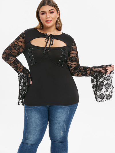 Plus Size Lace Up Cutout Gothic Bell Sleeve Tee