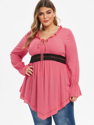 Plus Size Ruffled Tied Contrast Lace Blouse
