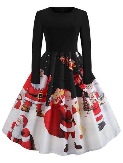 Santa Claus Print Long Sleeve Christmas Dress - goldylify.com