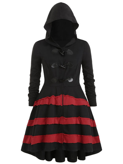 Hooded Contrast Flounce Plus Size High Low Duffle Coat