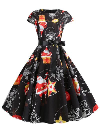 Santa Claus Gifts Cap Sleeves Belted Christmas Dress - goldylify.com