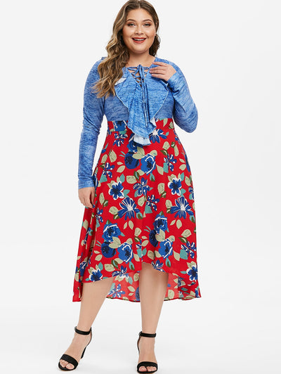 Plus Size Lace Up Ruffled High Low Floral Midi Dress