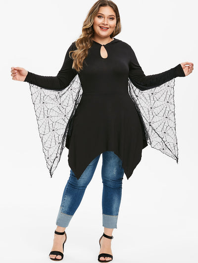 Plus Size Handkerchief Keyhole Gothic T-shirt With Lace Bat Wings