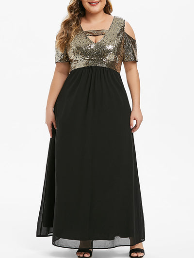 Plus Size Cut Out Sequined Maxi Party Dress