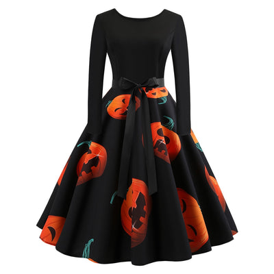 Halloween Pumpkin Print Flare Dress - goldylify.com