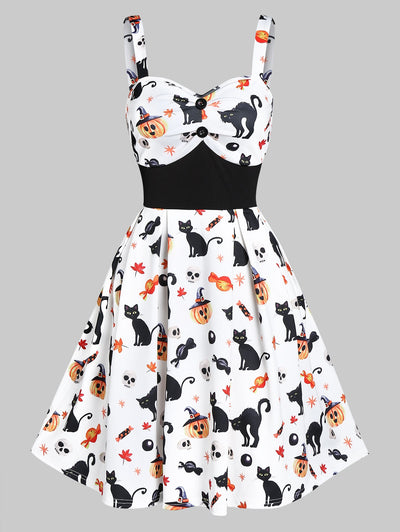 Sweetheart Neck Cat Pumpkin Print Fit And Flare Halloween Dress - goldylify.com