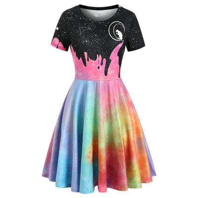 Cat Moon Starry Sky Print Short Sleeve Dress - goldylify.com