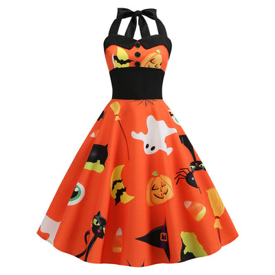Pumpkin Ghost Buttons Halloween Halter Dress - goldylify.com