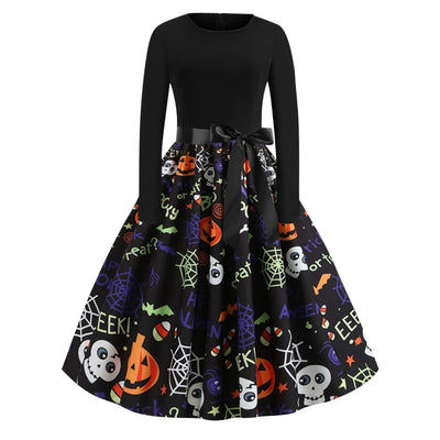 Pumpkin Skull Spiders Belted Long Sleeves Halloween Dress - goldylify.com