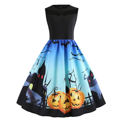 Lace Panel Bat Pumpkin Sleeveless Halloween Dress - goldylify.com