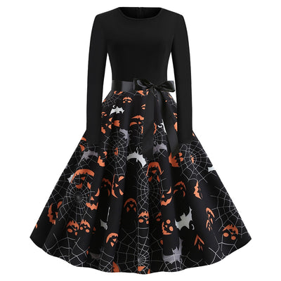 Halloween Pumpkin Face Bat Print Long Sleeve Dress - goldylify.com