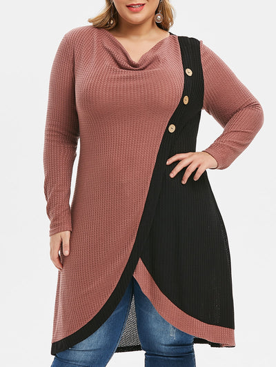 Plus Size Cowl Neck Two Tone Long Knitted Sweater