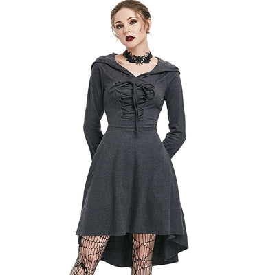 Hooded Lace-up Heathered High Low Gothic Dress - goldylify.com