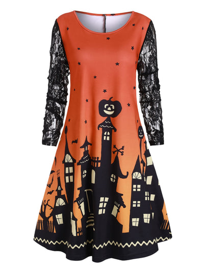 Halloween Plus Size Castle Pumpkin Print Lace Sleeve Dress