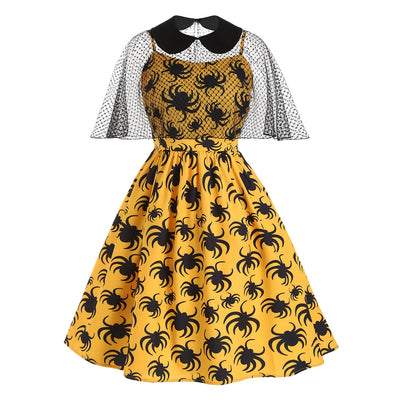 Halloween Spider Print Cami Dress and Collared Mesh Poncho - goldylify.com
