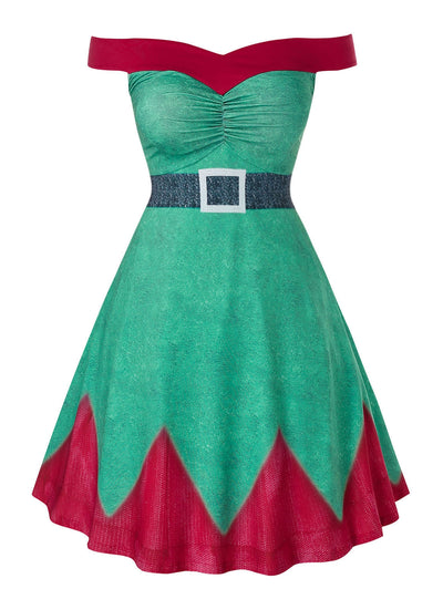 Plus Size Christmas Off The Shoulder A Line High Waist Dress