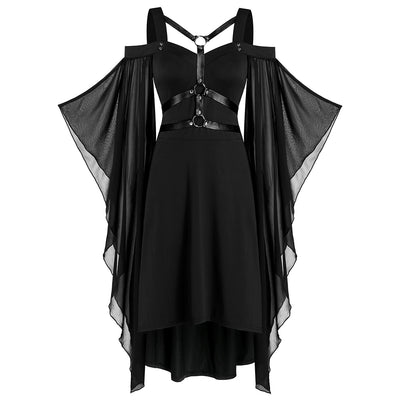 Batwing Sleeve Harness Insert Lace-up High Low Dress - goldylify.com