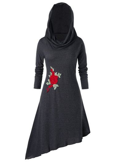 Plus Size Hooded Embroidered Asymmetric Dress